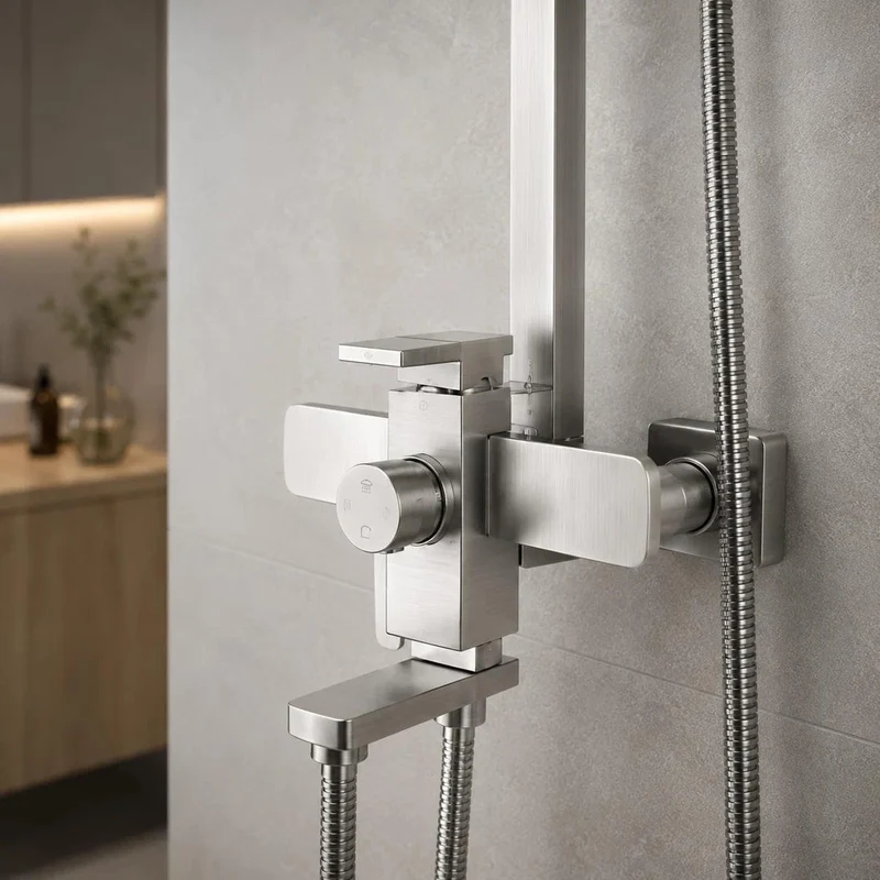 Colonne de douche en inox avec ciel de pluie carré et mitigeur bain