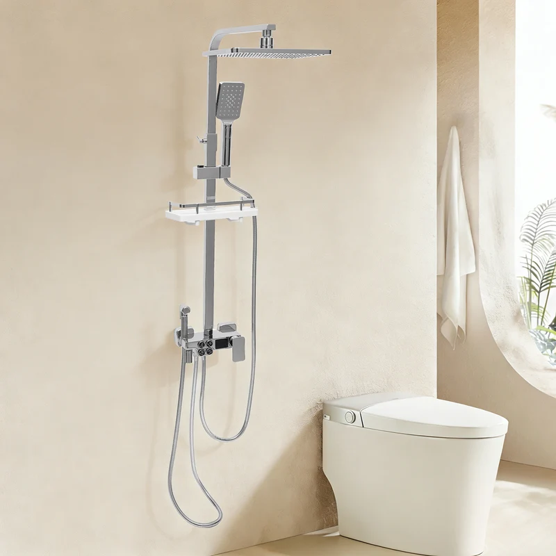 Colonne de douche chromée avec tablette et ciel de pluie carré