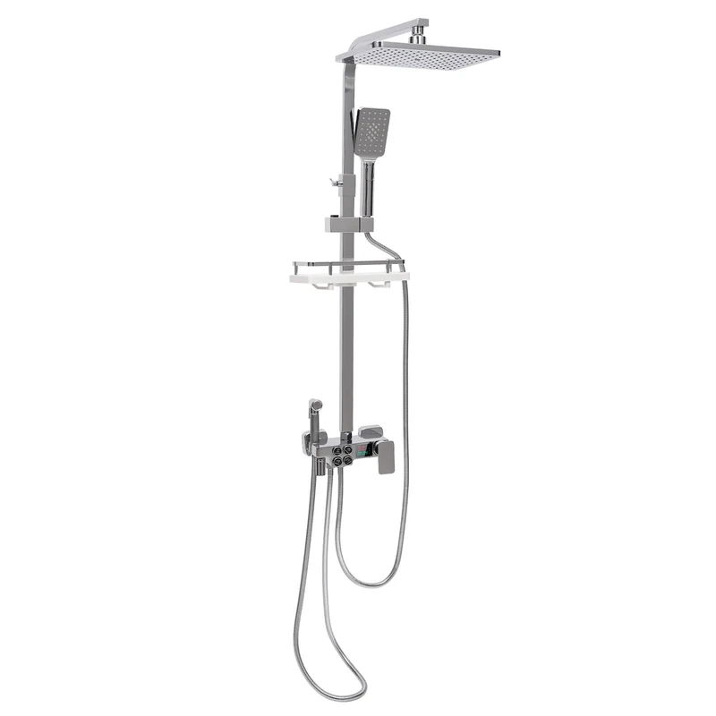 Colonne de douche chromée avec tablette et ciel de pluie carré