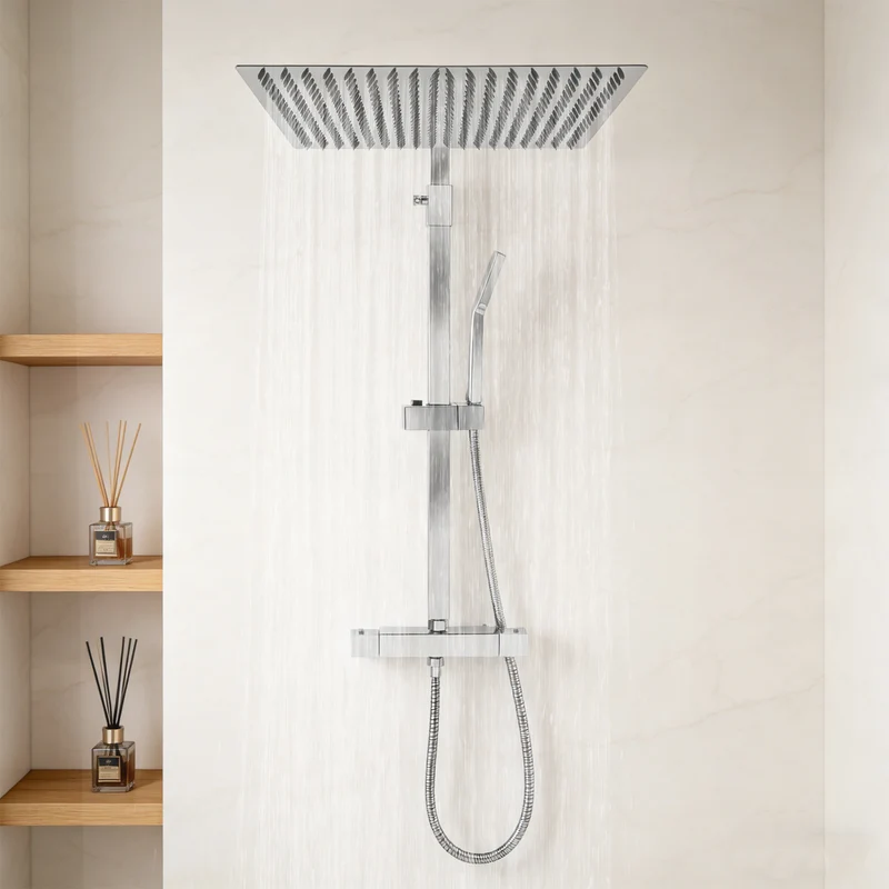 Colonne de douche chromée avec ciel de pluie 33 x 40 cm et thermostat