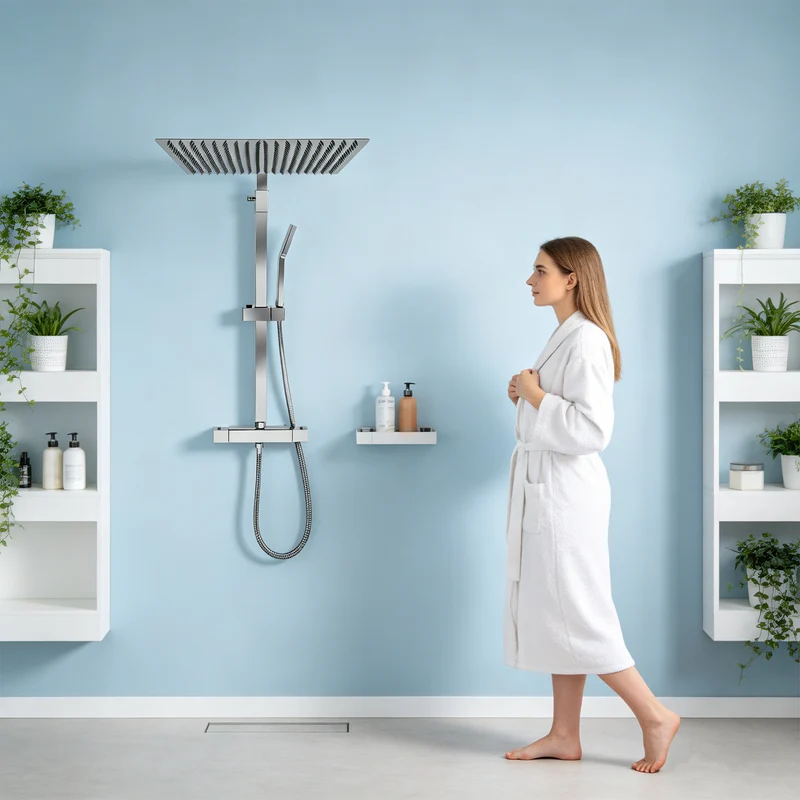 Colonne de douche chromée avec ciel de pluie 33 x 40 cm et thermostat