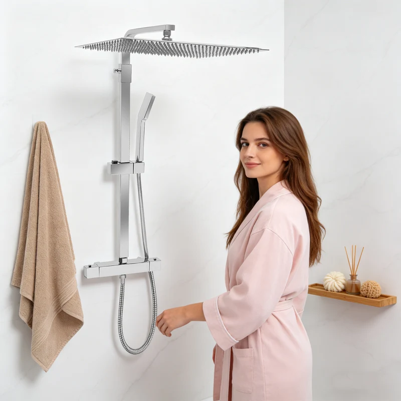 Colonne de douche chromée avec ciel de pluie 33 x 40 cm et thermostat
