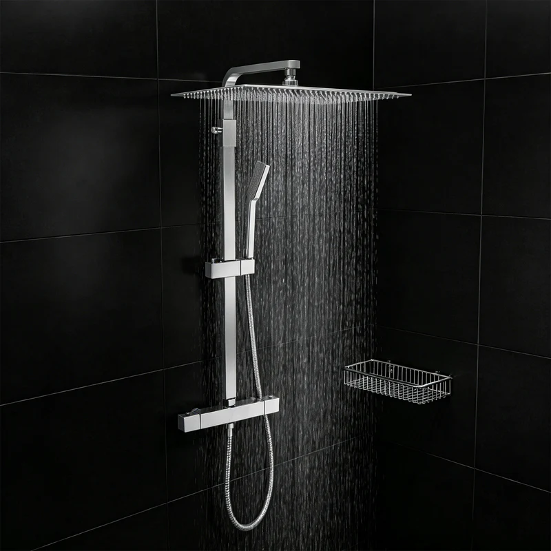 Colonne de douche chromée avec ciel de pluie 33 x 40 cm et thermostat