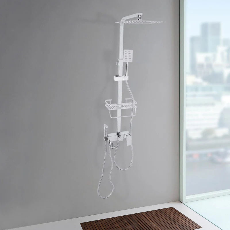 Colonne de douche carrée en inox blanc avec panier de rangement