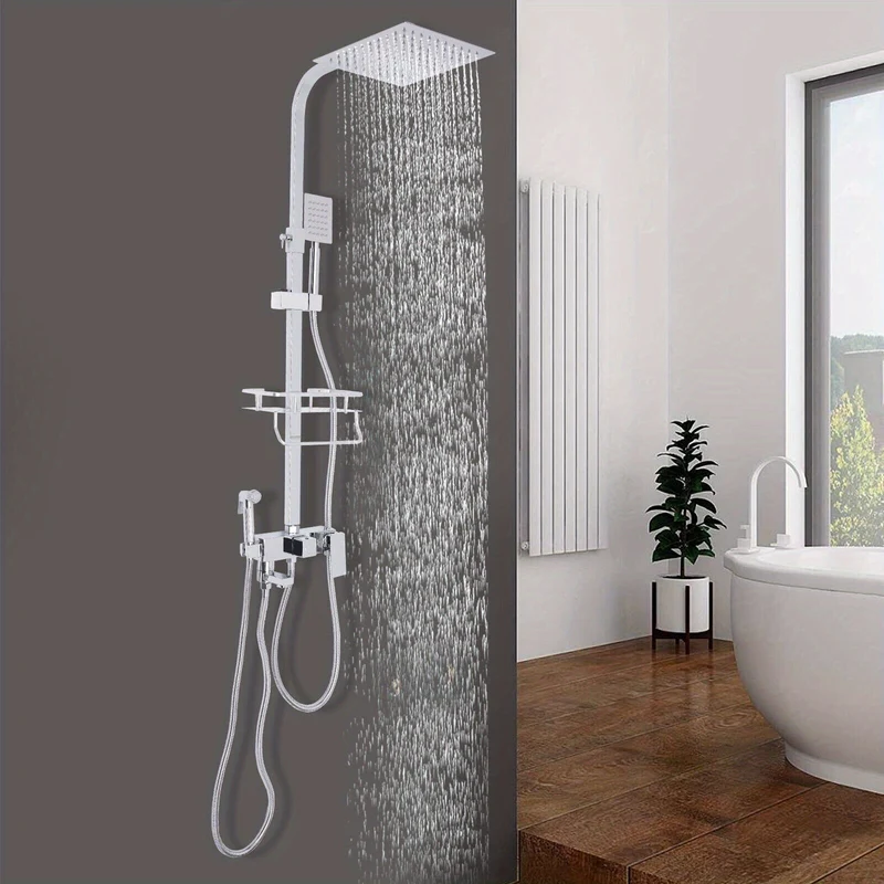 Colonne de douche carrée en inox blanc avec panier de rangement