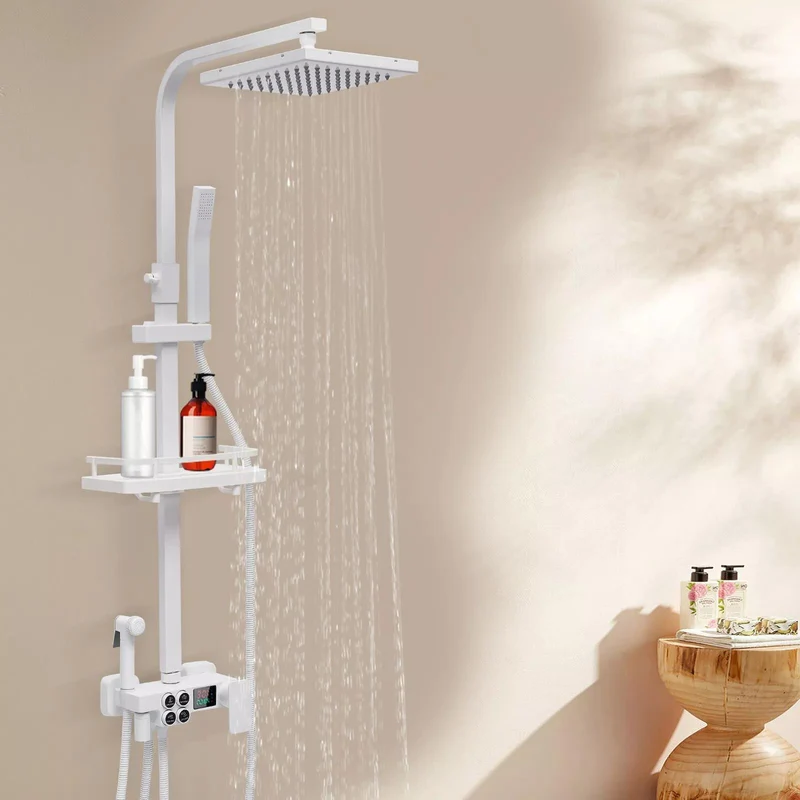 Colonne de douche blanche à écran digital avec tablette et ciel de pluie