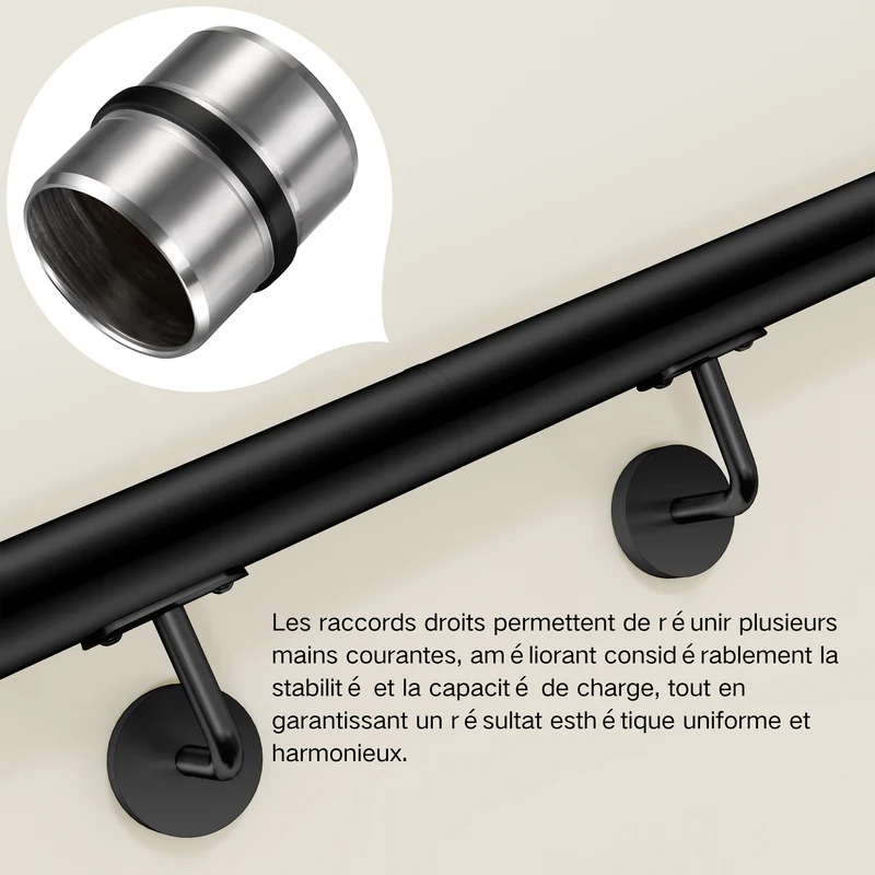 Raccord droit Noir | Connecteur en inox 304 pour main courante | L45mm x ∅42.2mm - FTQ-FL