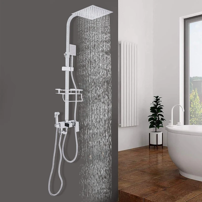 Colonne de douche blanche avec panier de rangement et ciel de pluie carré