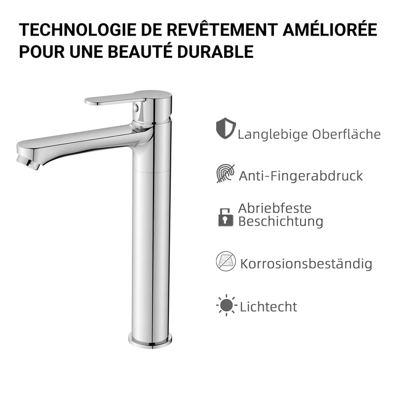 AICA Robinet de lavabo en zinc alliage, mitigeur monocommande avec bec hauteur 232 mm, robinet de salle de bain chromé