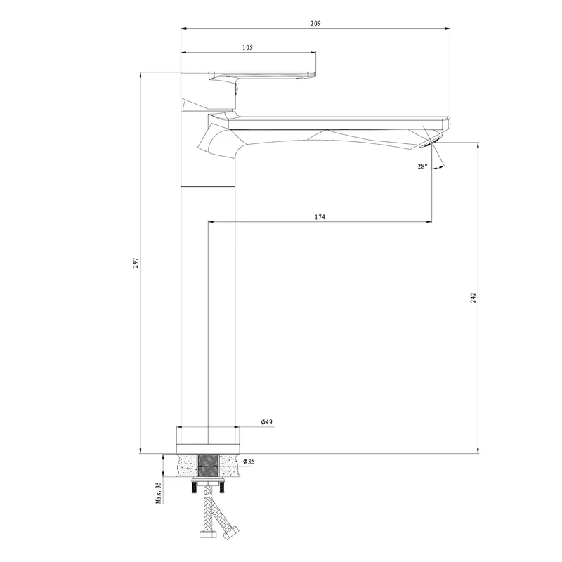 AICA Robinet de lavabo en zinc alliage, mitigeur monocommande avec bec hauteur 242 mm, robinet de salle de bain chromé