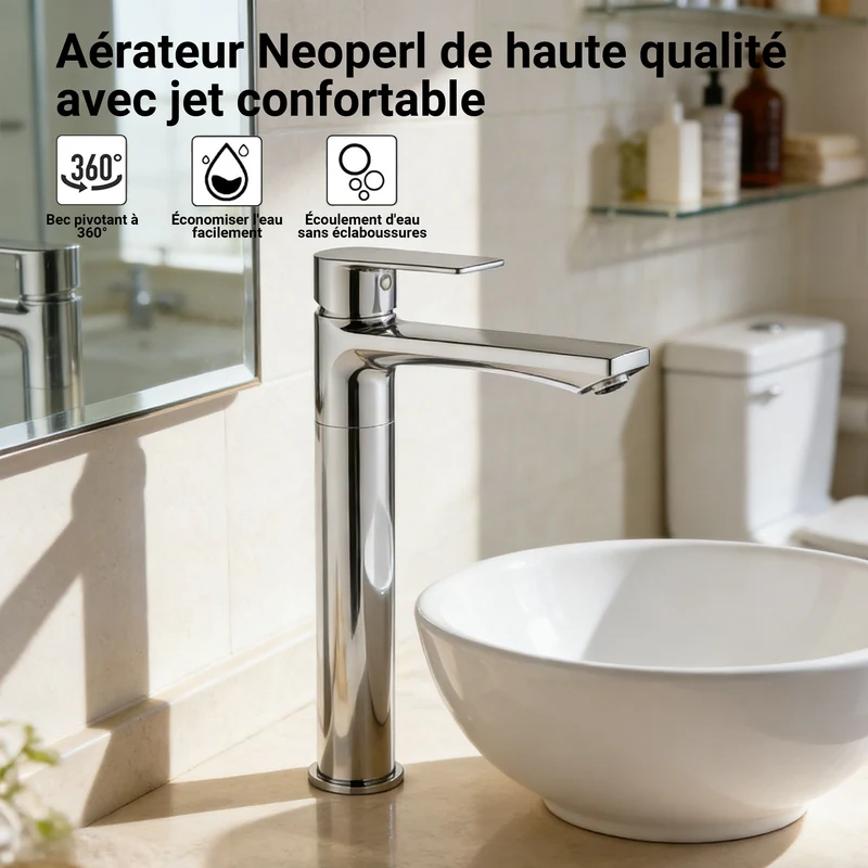 AICA Robinet de lavabo en zinc alliage, mitigeur monocommande avec bec hauteur 242 mm, robinet de salle de bain chromé