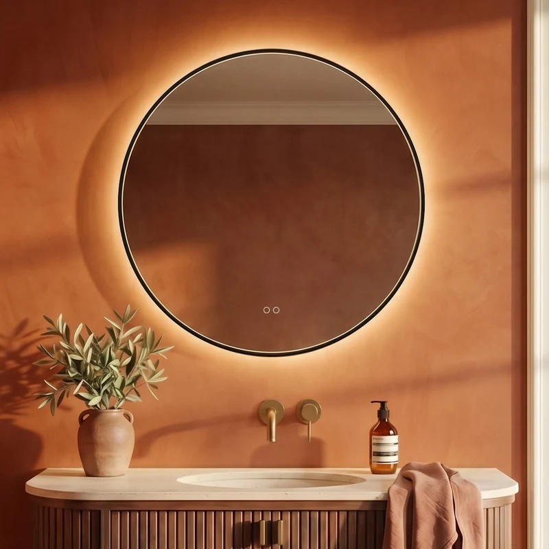 Kingsley Round Illuminated Mirror 80cm - Black with Front & Back Lighting and Demister