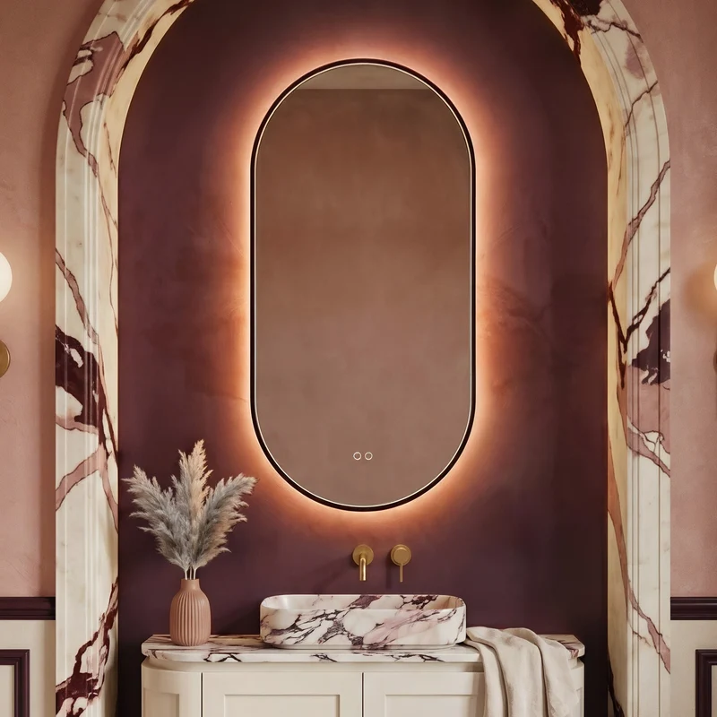 Kingsley Capsule Illuminated Mirror 50 x 100cm - Black with Front & Back Lighting and Demister