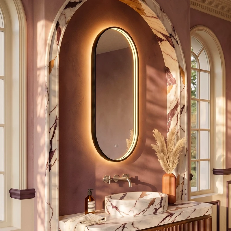 Kingsley Capsule Illuminated Mirror 50 x 100cm - Black with Front & Back Lighting and Demister