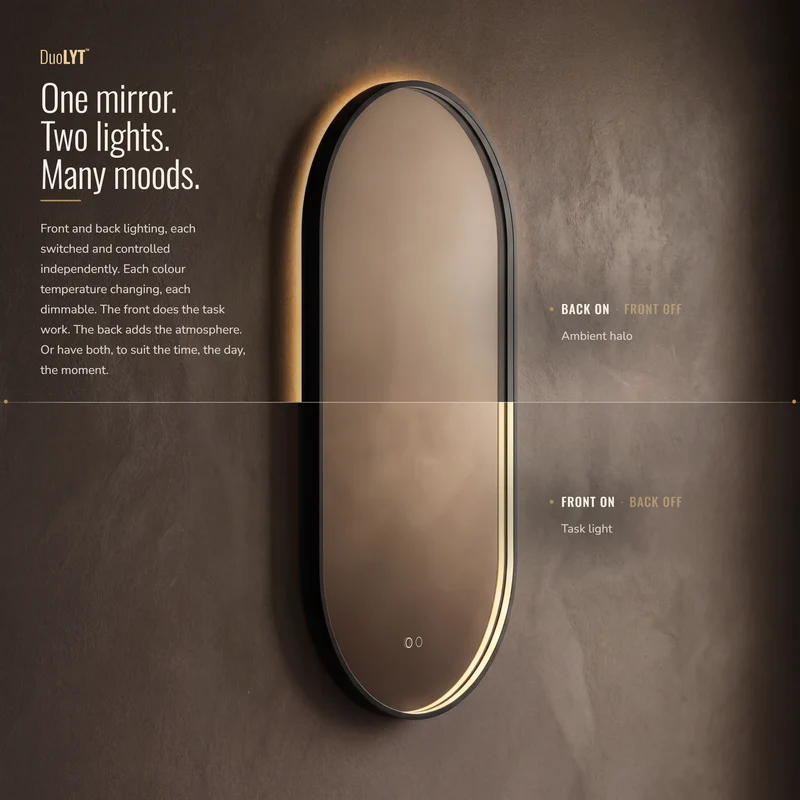 Kingsley Capsule Illuminated Mirror 50 x 100cm - Black with Front & Back Lighting and Demister