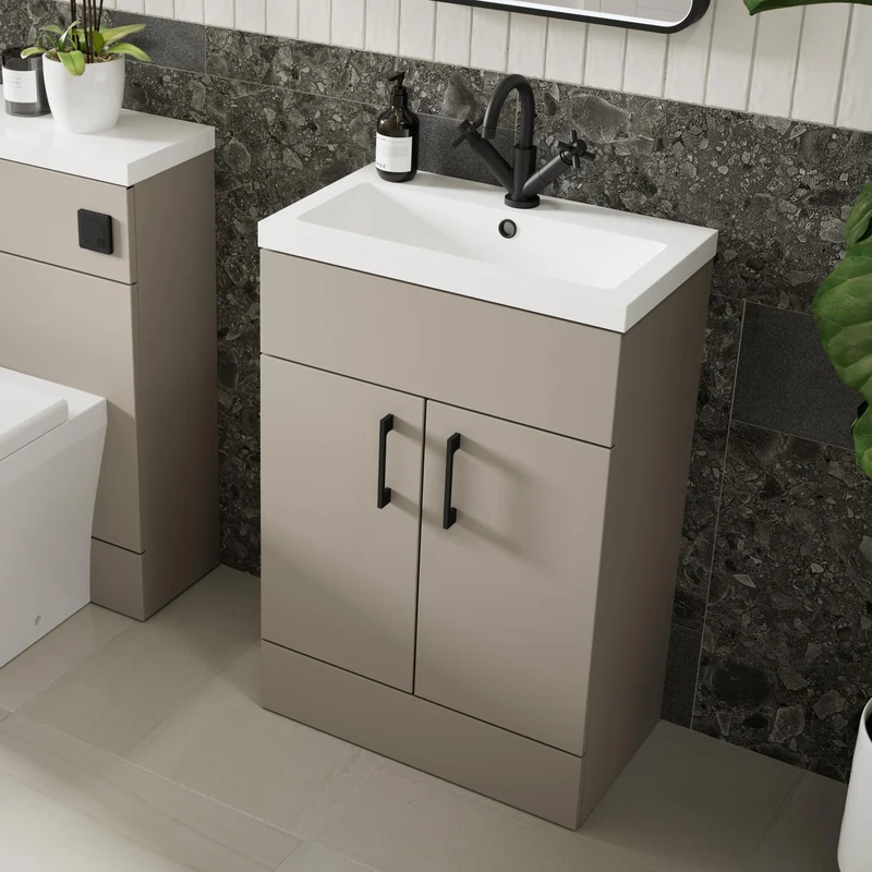 Fusion 600mm Floor Standing Vanity Unit & Polymarble Basin - Pebble Grey Matt