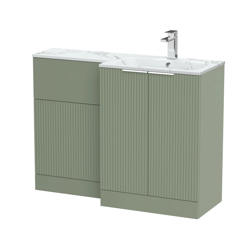 Fluted 1100mm Basin & WC Combination Unit With Right Hand Marble Stone Basin - Green Satin