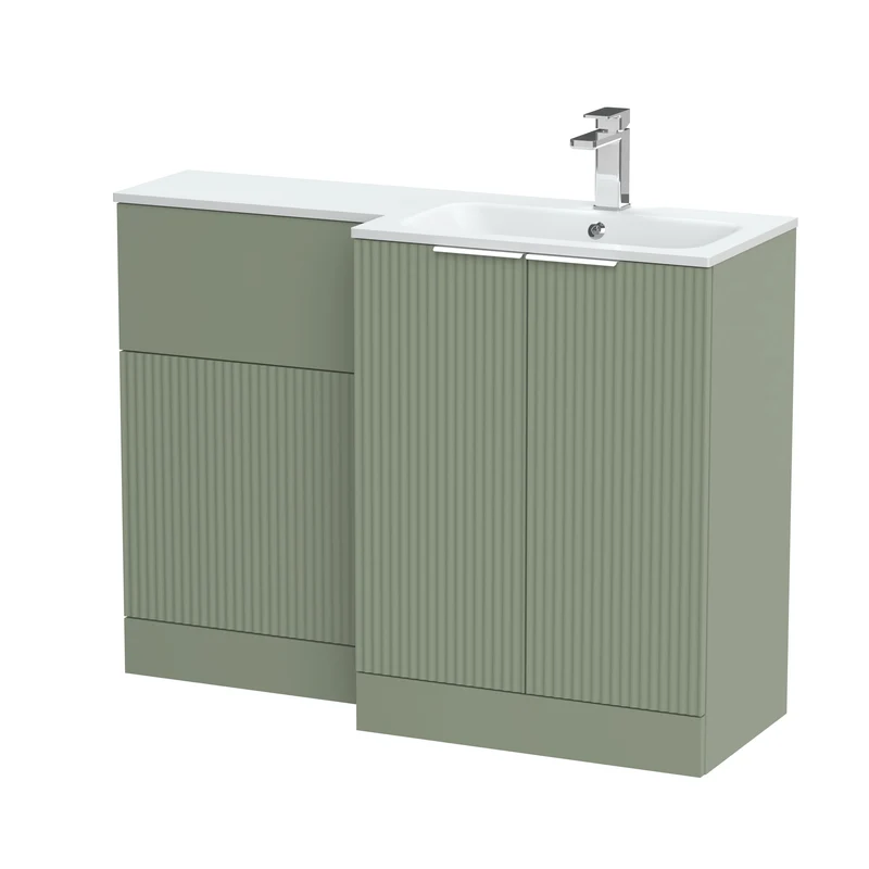 Fluted 1100mm Basin & WC Combination Unit With Right Hand White Stone Basin - Green Satin