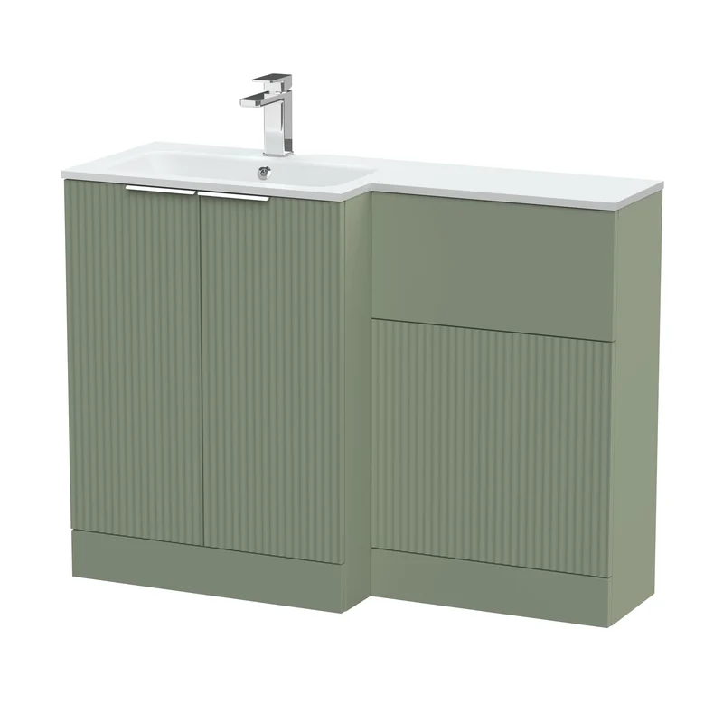 Fluted 1100mm Basin & WC Combination Unit With Left Hand White Stone Basin - Green Satin