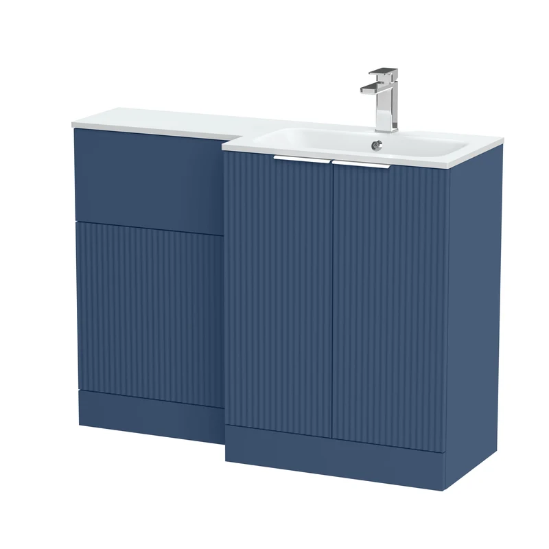 Fluted 1100mm Basin & WC Combination Unit With Right Hand White Stone Basin - Blue Satin