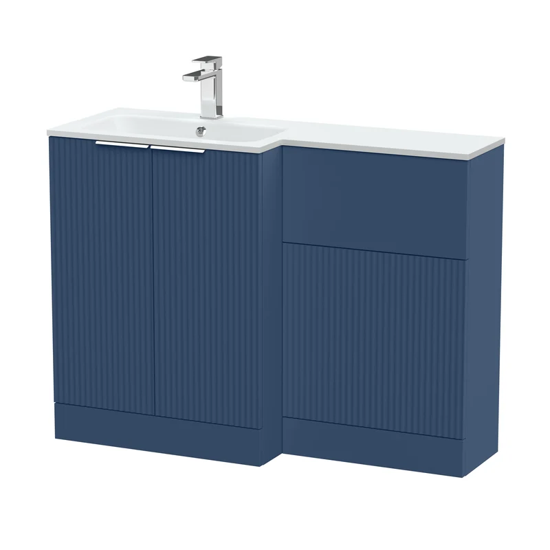 Fluted 1100mm Basin & WC Combination Unit With Left Hand White Stone Basin - Blue Satin