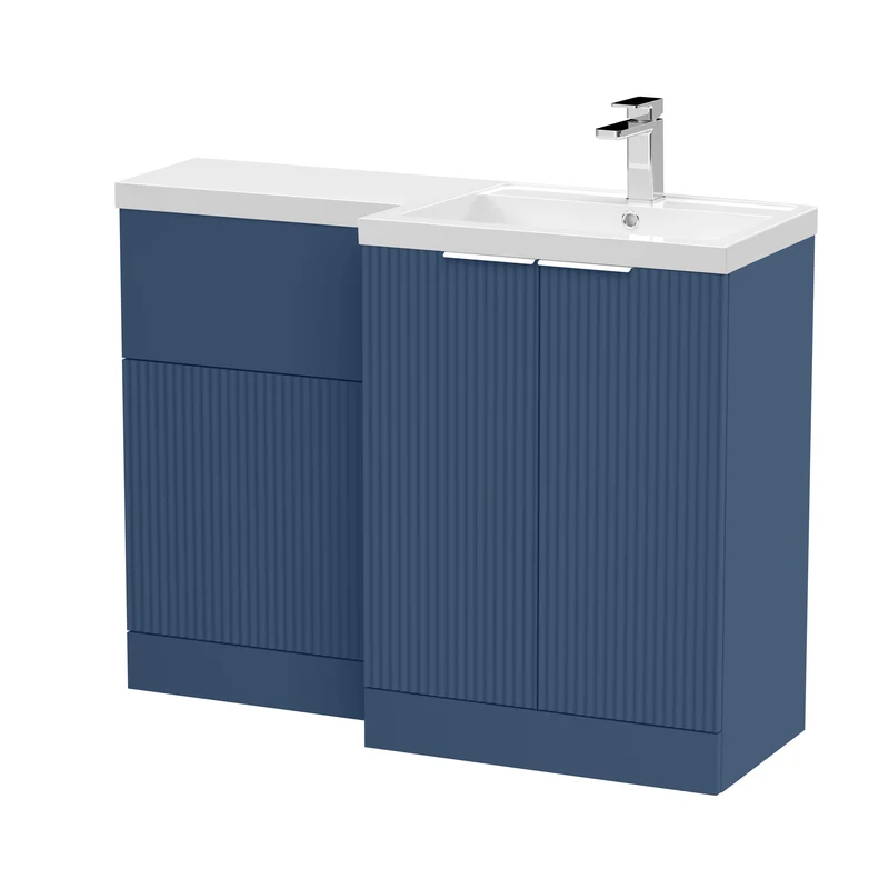 Fluted 1100mm Basin & WC Combination Unit With Right Hand Polymarble Basin - Blue Satin
