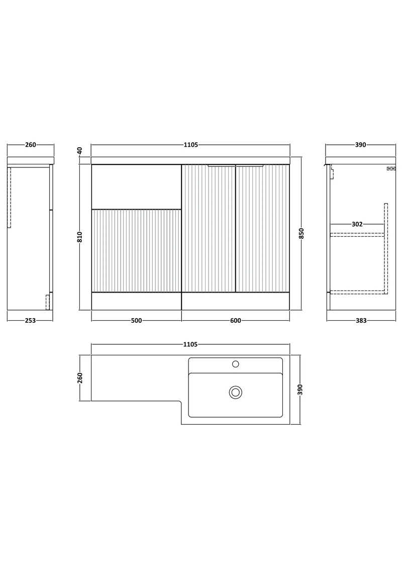 Fluted 1100mm Basin & WC Combination Unit With Right Hand Polymarble Basin - Blue Satin