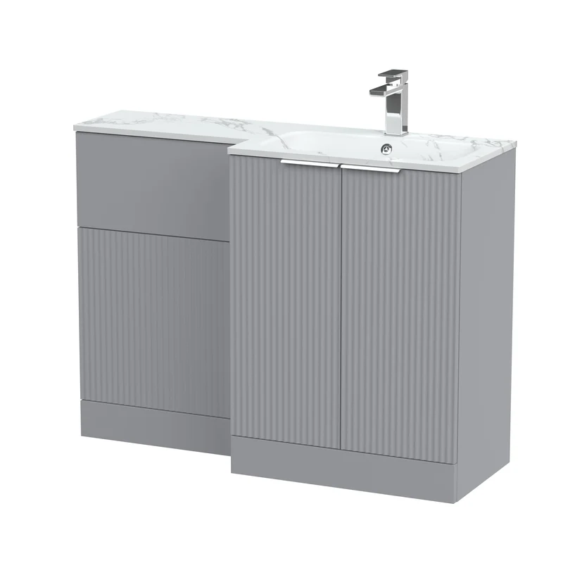 Fluted 1100mm Basin & WC Combination Unit With Right Hand Marble Stone Basin - Grey Satin