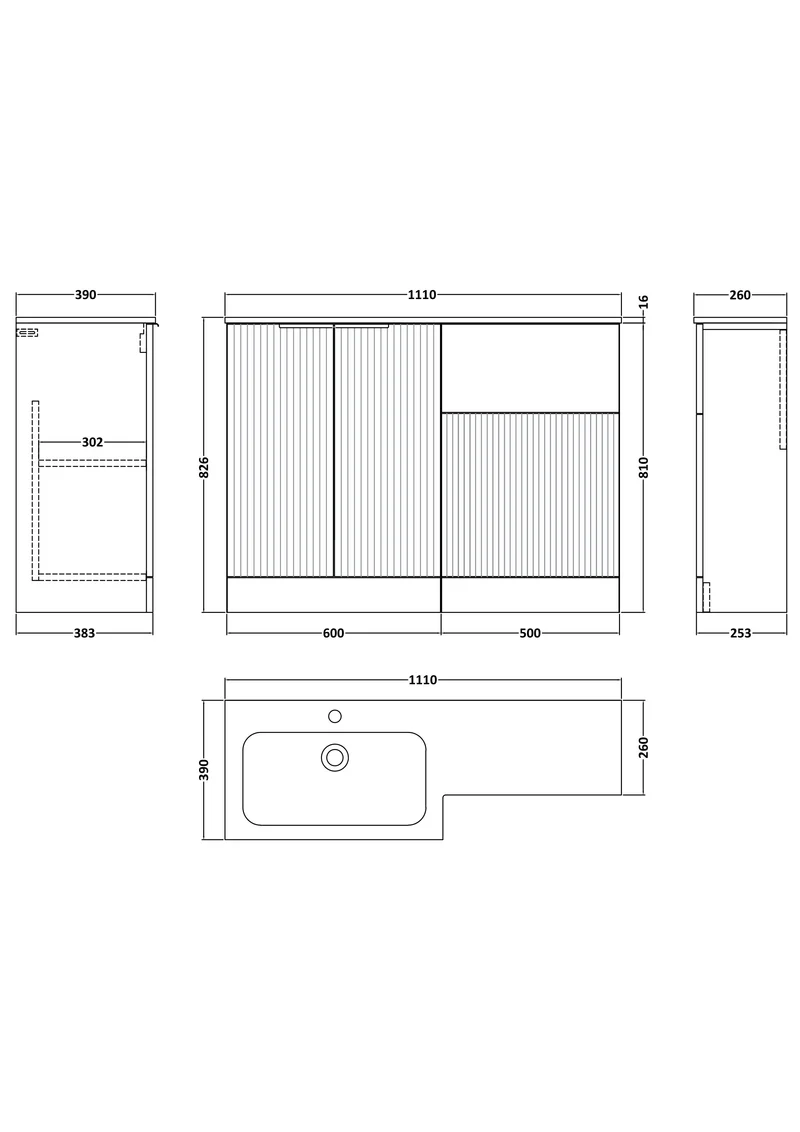 Fluted 1100mm Basin & WC Combination Unit With Left Hand Marble Stone Basin - Grey Satin