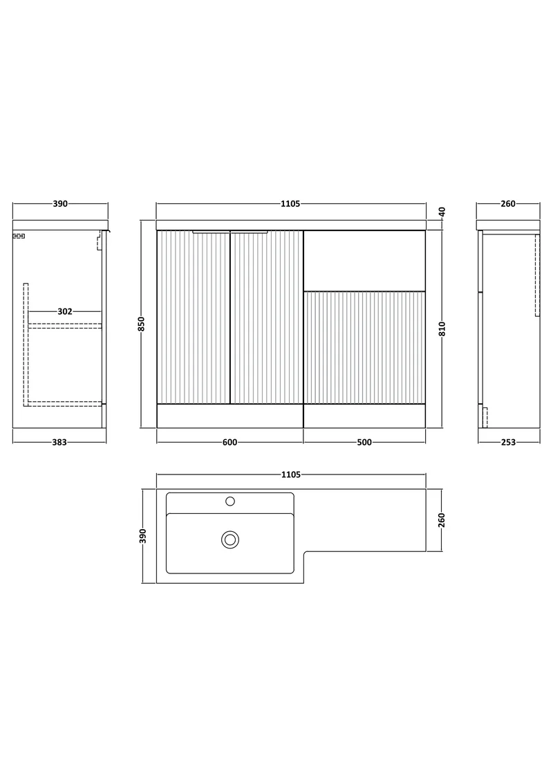 Fluted 1100mm Basin & WC Combination Unit With Left Hand Polymarble Basin - Grey Satin