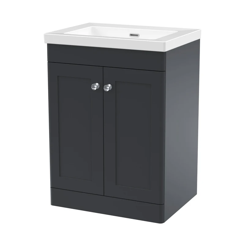 Nuie Classique 600mm Floor Standing 2-door Vanity With Basin - 0 Tap Hole Traditional Soft Black Fireclay 845x613x462mm