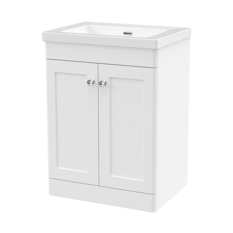 Nuie Classique 600mm Floor Standing 2-door Vanity With Basin - 0 Tap Hole Traditional Satin White Fireclay 845x613x462mm