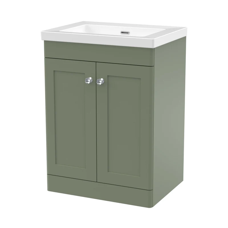 Nuie Classique 600mm Floor Standing 2-door Vanity With Basin - 0 Tap Hole Traditional Satin Green Fireclay 845x613x462mm