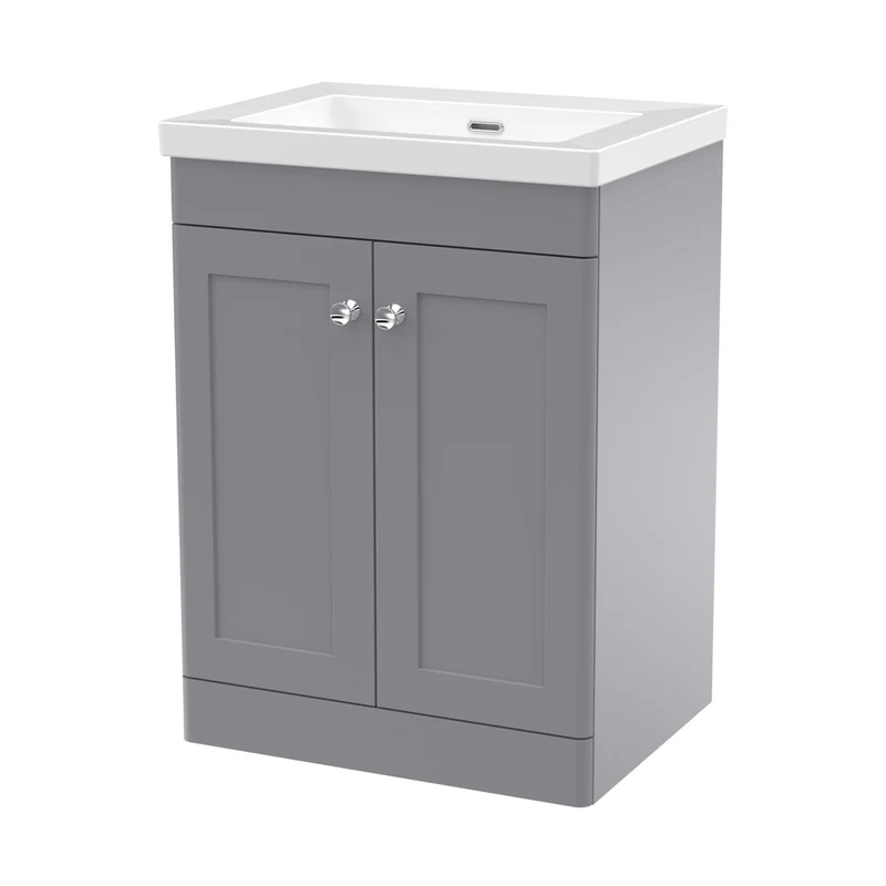 Nuie Classique 600mm Floor Standing 2-door Vanity With Basin - 0 Tap Hole Traditional Satin Grey Fireclay 845x613x462mm