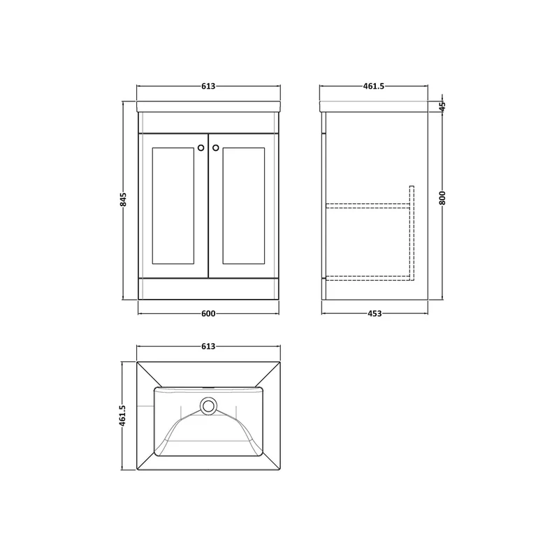 Nuie Classique 600mm Floor Standing 2-door Vanity With Basin - 0 Tap Hole Traditional Satin Grey Fireclay 845x613x462mm
