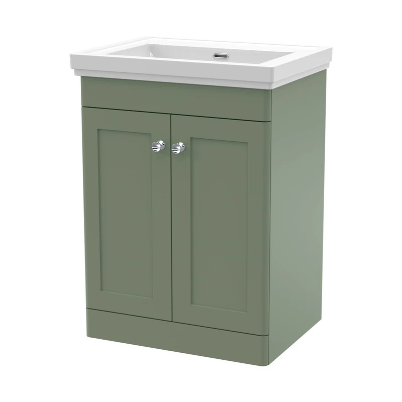 Nuie Classique 600mm Floor Standing 2 Door Vanity & Basin 0th Traditional Satin Green MFC Painted Matt 821x630x471mm