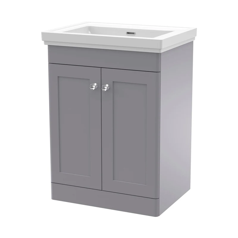 Nuie Classique 600mm Floor Standing 2 Door Vanity & Basin 0th Traditional Satin Grey MFC Painted Matt 821x630x471mm