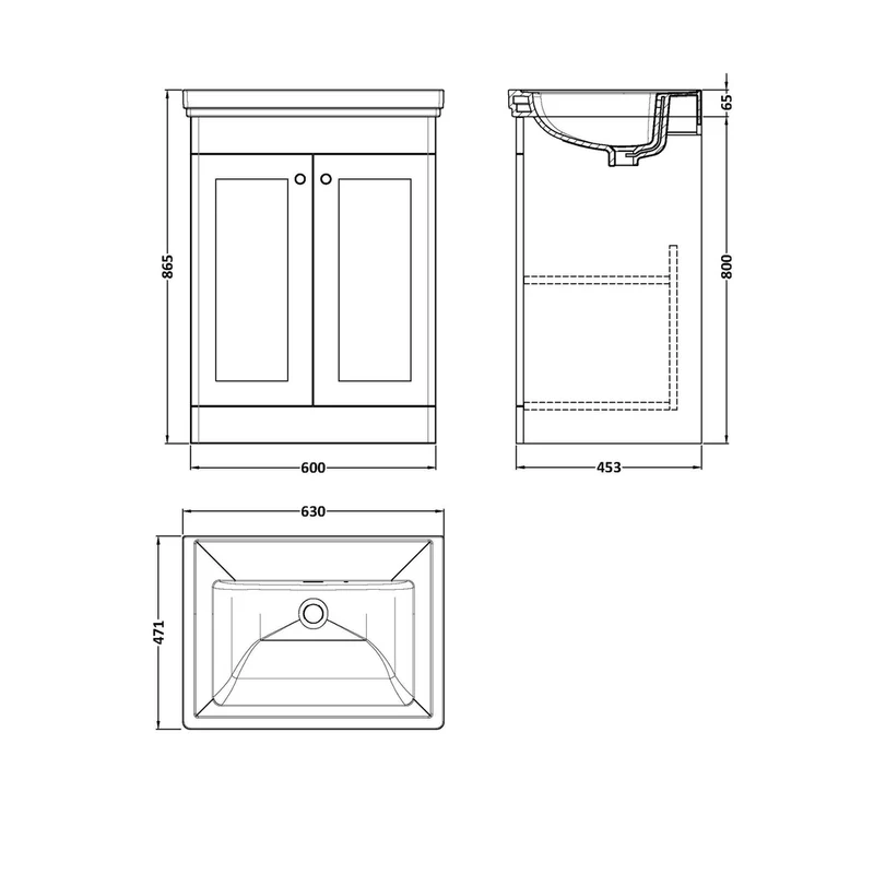 Nuie Classique 600mm Floor Standing 2 Door Vanity & Basin 0th Traditional Satin Grey MFC Painted Matt 821x630x471mm