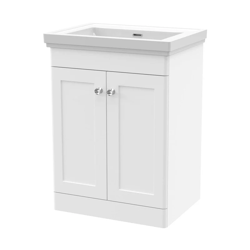Nuie Classique 600mm Floor Standing 2 Door Vanity & Basin 0th Traditional Satin White MFC Painted Matt 821x630x471mm