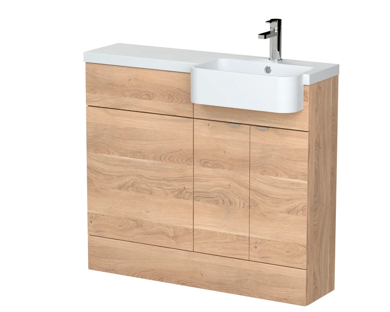 Fusion 1000mm Floor Standing Round Semi-Recessed Basin & WC Combination Unit With Right Hand Basin - Bleached Oak Woodgrain