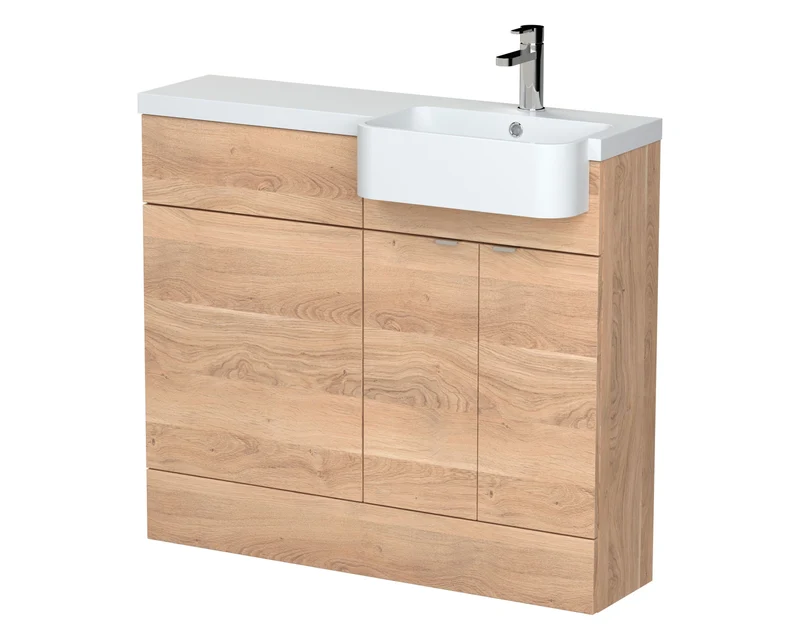 Fusion 1000mm Floor Standing Round Semi-Recessed Basin & WC Combination Unit With Right Hand Basin - Bleached Oak Woodgrain