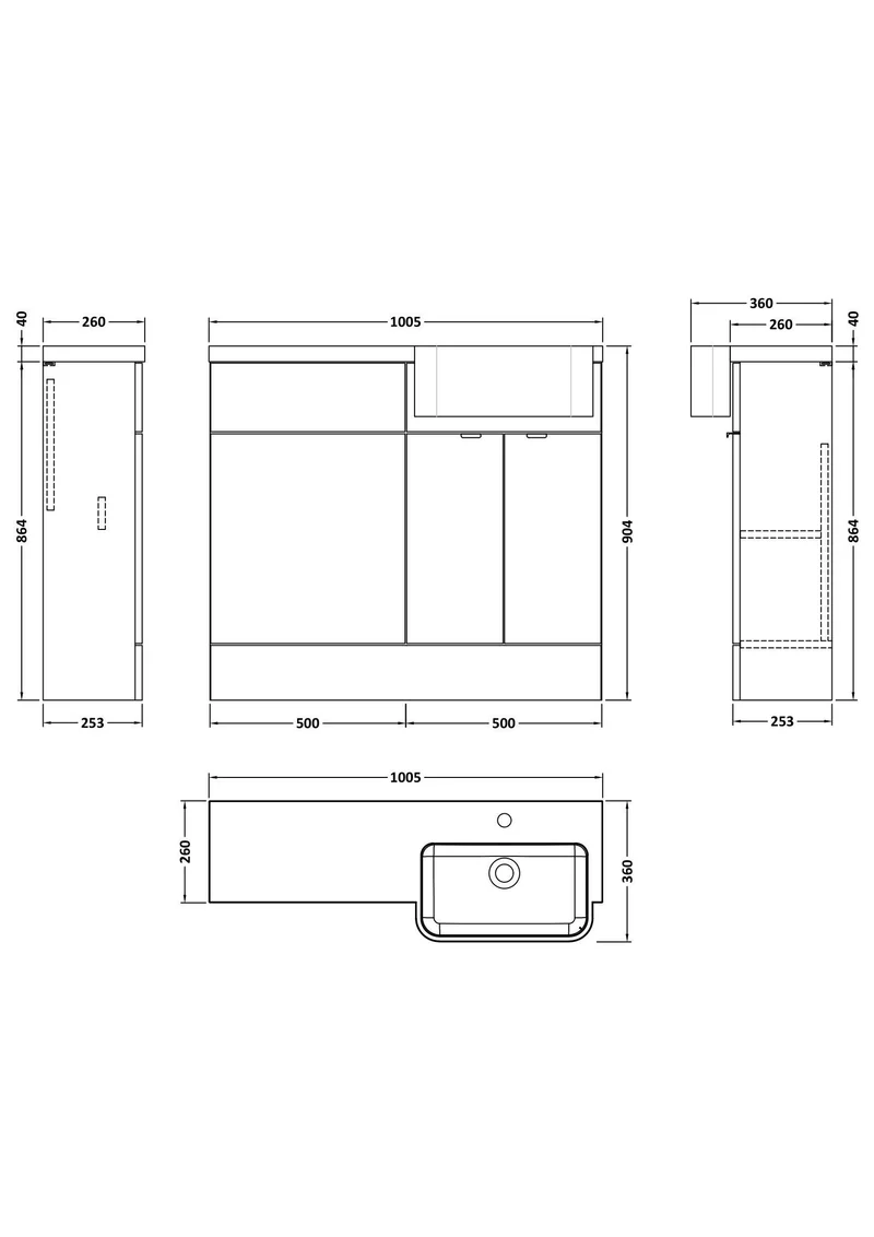 Fusion 1000mm Floor Standing Round Semi-Recessed Basin & WC Combination Unit With Right Hand Basin - Bleached Oak Woodgrain