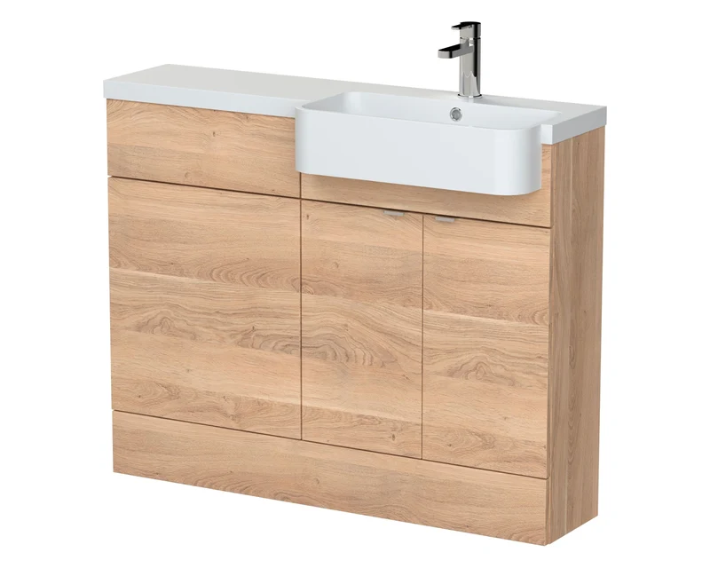 Fusion 1100mm Floor Standing Round Semi-Recessed Basin & WC Combination Unit With Right Hand Basin - Bleached Oak Woodgrain