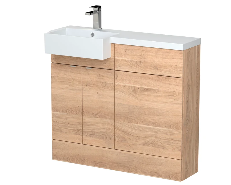 Fusion 1000mm Floor Standing Square Semi-Recessed Basin & WC Combination Unit With Left Hand Basin - Bleached Oak Woodgrain