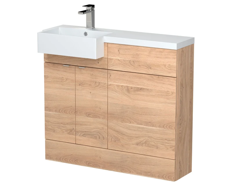 Fusion 1000mm Floor Standing Square Semi-Recessed Basin & WC Combination Unit With Left Hand Basin - Bleached Oak Woodgrain