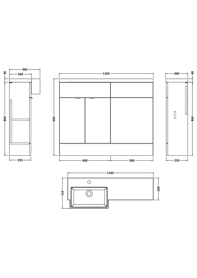 Fusion 1100mm Floor Standing Square Semi-Recessed Basin & WC Combination Unit With Left Hand Basin - Bleached Oak Woodgrain