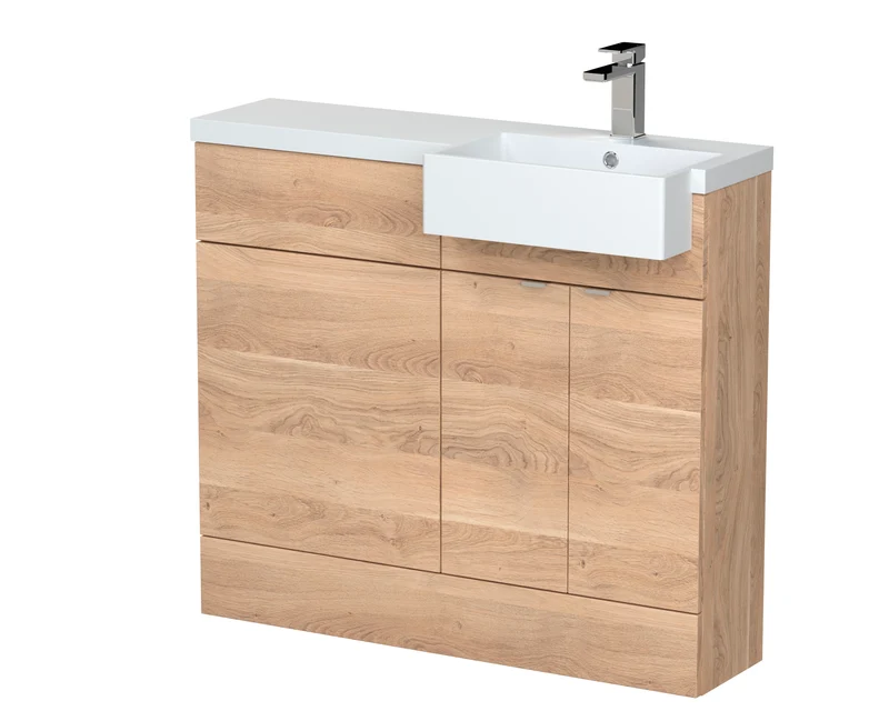 Fusion 1000mm Floor Standing Square Semi-Recessed Basin & WC Combination Unit With Right Hand Basin - Bleached Oak Woodgrain