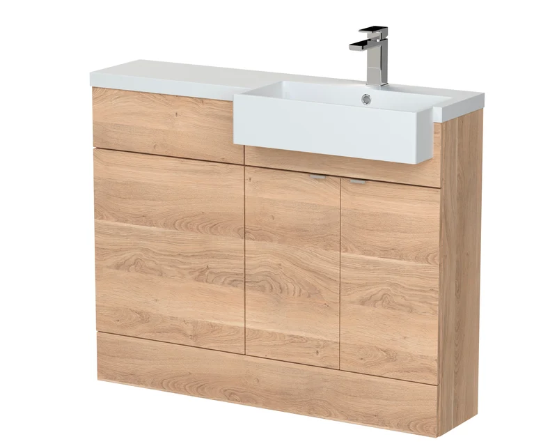 Fusion 1100mm Floor Standing Square Semi-Recessed Basin & WC Combination Unit With Right Hand Basin - Bleached Oak Woodgrain