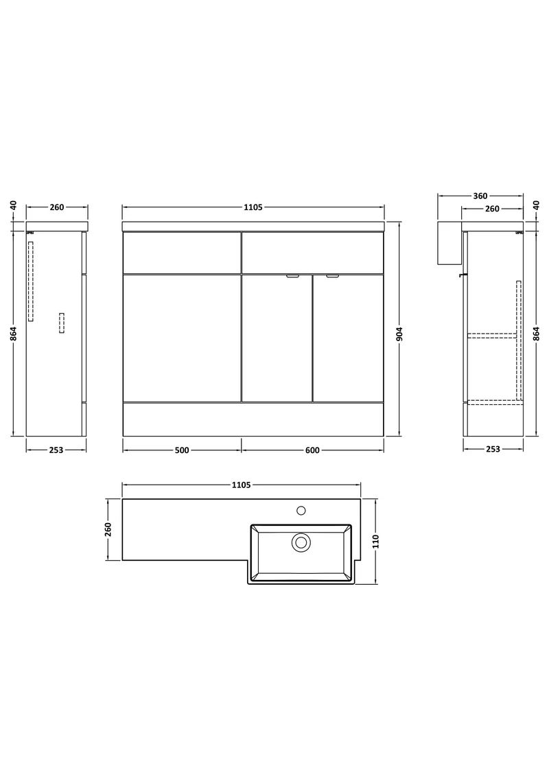 Fusion 1100mm Floor Standing Square Semi-Recessed Basin & WC Combination Unit With Right Hand Basin - Bleached Oak Woodgrain