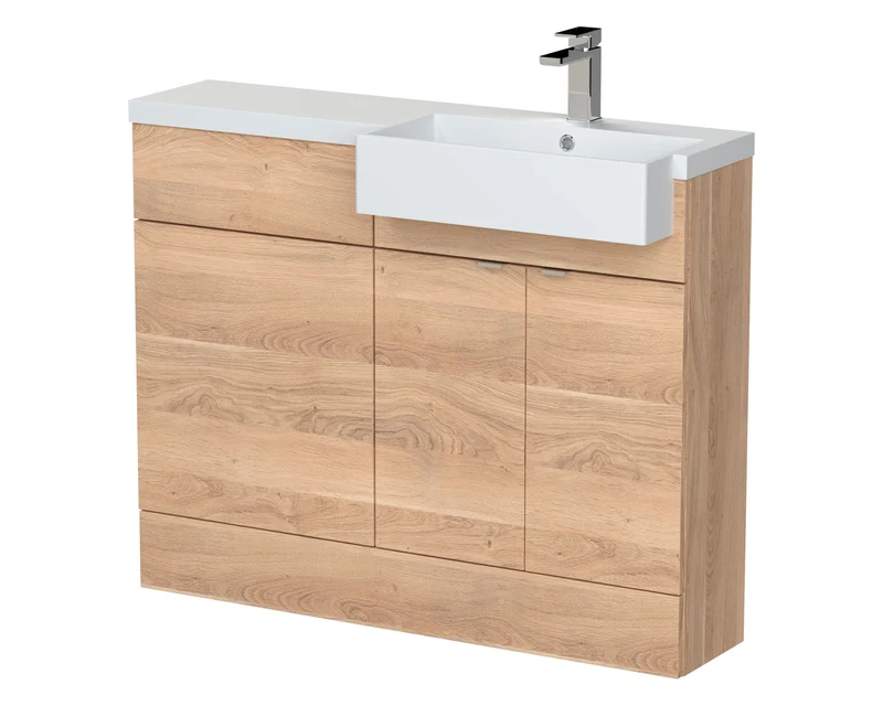 Fusion 1100mm Floor Standing Square Semi-Recessed Basin & WC Combination Unit With Right Hand Basin - Bleached Oak Woodgrain